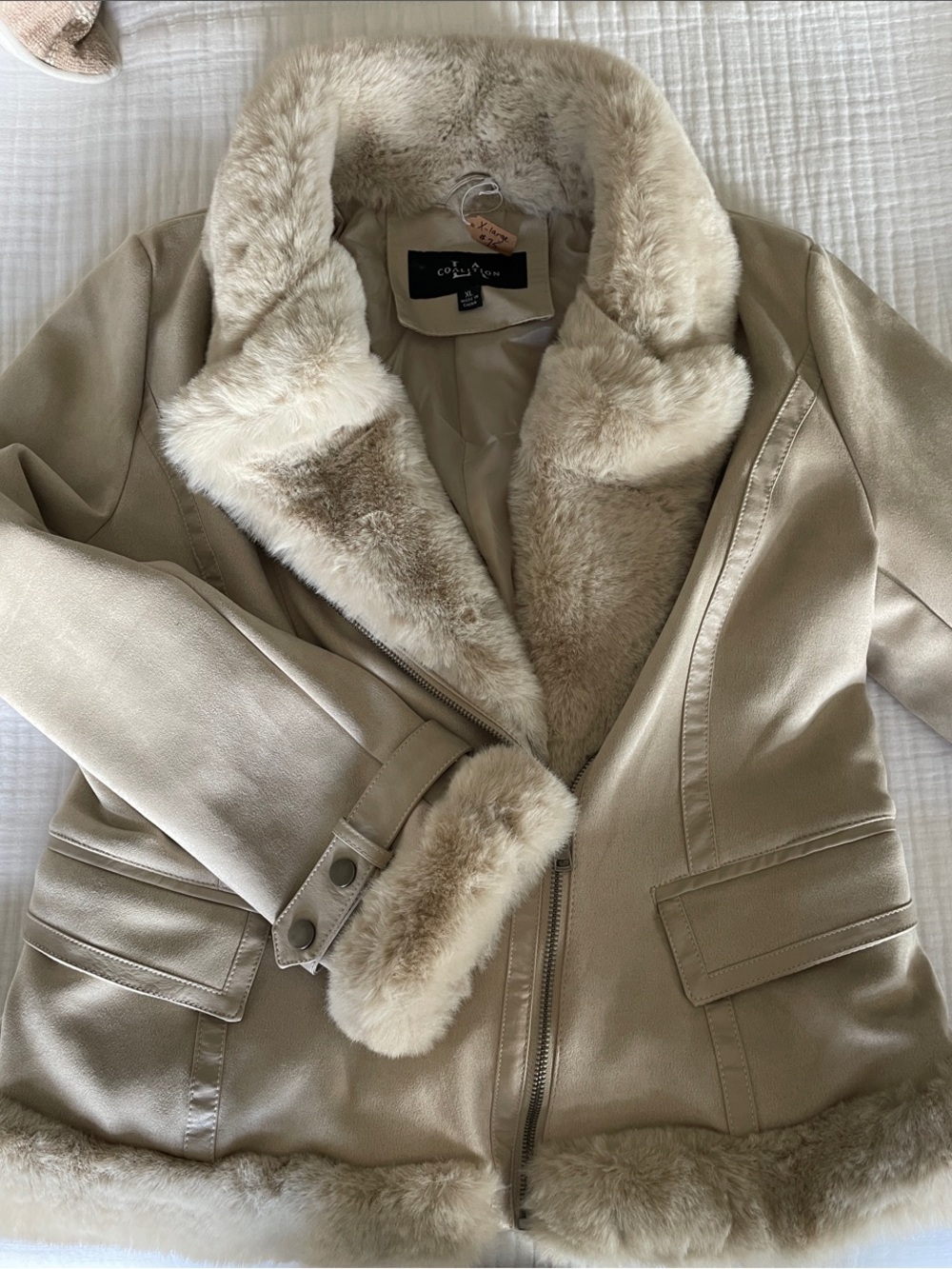 Cream Faux Fur Trim Suede Jacket
